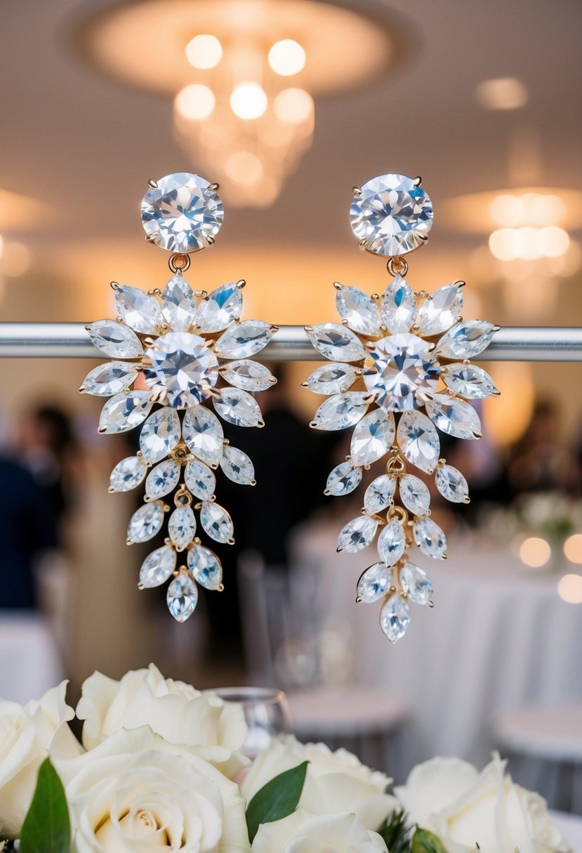 A pair of dazzling crystal cluster earrings, catching the light at a glamorous wedding reception