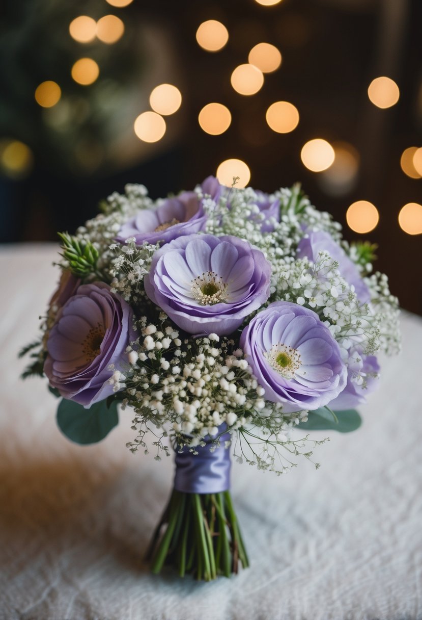 A delicate violet wedding bouquet adorned with baby's breath accents