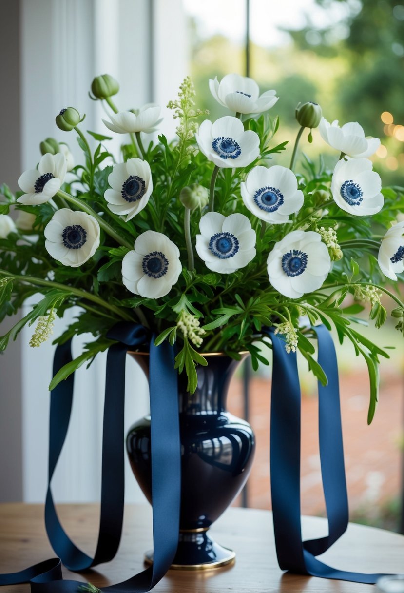 A lush bouquet of anemones and navy silk ribbons cascades from a sleek vase