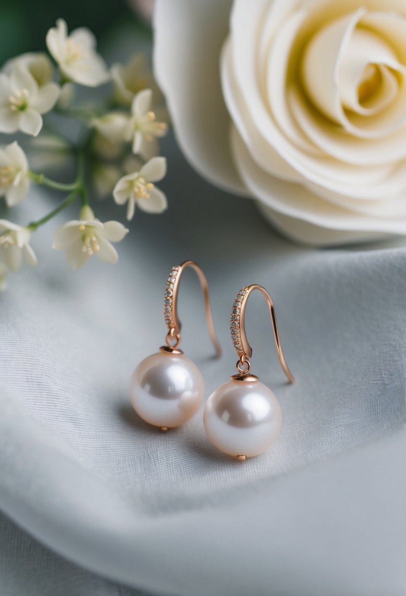 A delicate pair of freshwater pearl drop earrings, set against a backdrop of soft, flowing fabric and surrounded by subtle, elegant floral arrangements