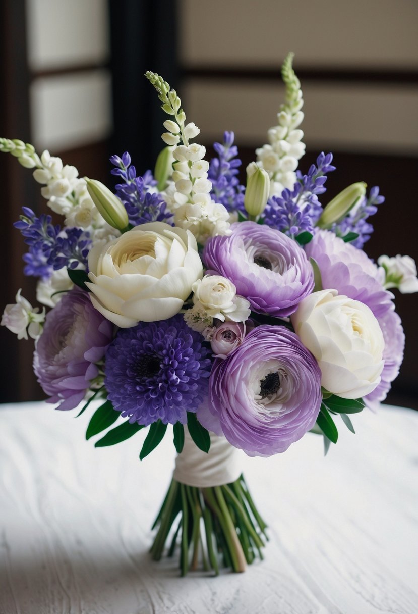 A bouquet of wax flowers and purple blooms arranged in a delicate and elegant wedding bouquet