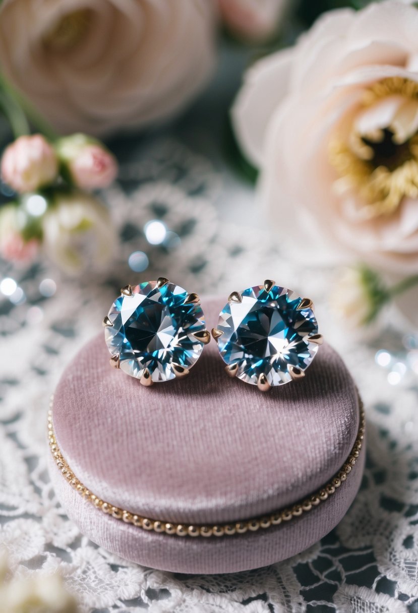 A pair of Swarovski crystal studs sparkling on a velvet cushion, surrounded by delicate lace and floral accents