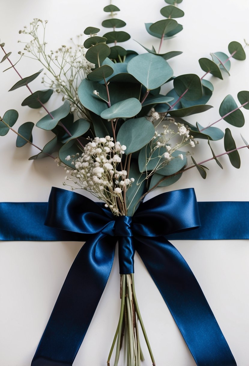 A dark blue eucalyptus posy sits atop a navy satin ribbon, surrounded by delicate baby's breath and silver dollar eucalyptus leaves