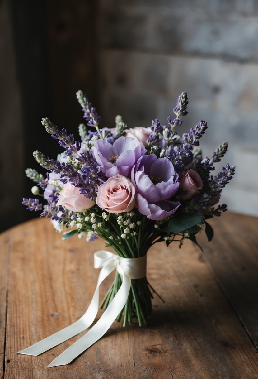 A delicate wedding bouquet of lavender and blush violet flowers, tied with a satin ribbon, sits on a rustic wooden table