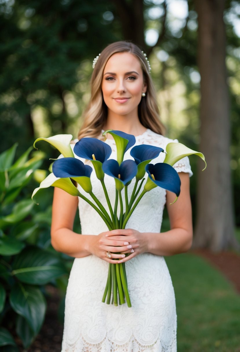 A navy calla lily bouquet held against a white lace dress