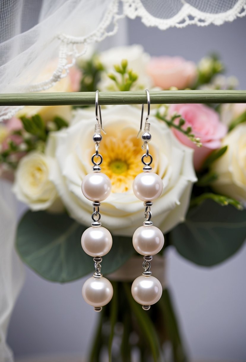 A pair of threader earrings with delicate pearls, hanging elegantly against a backdrop of a bridal bouquet and lace veil