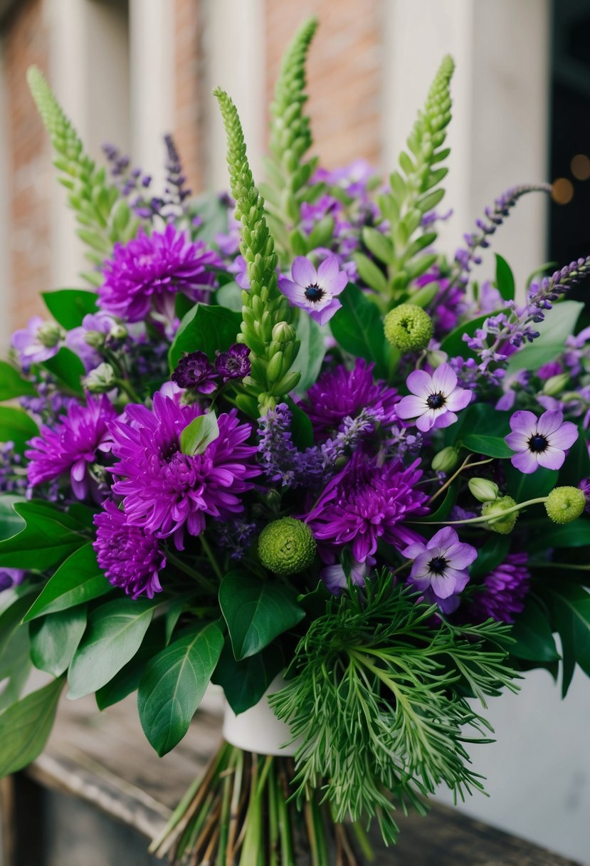 A lush, vibrant bouquet of violet flowers and greenery, arranged in a loose, natural style