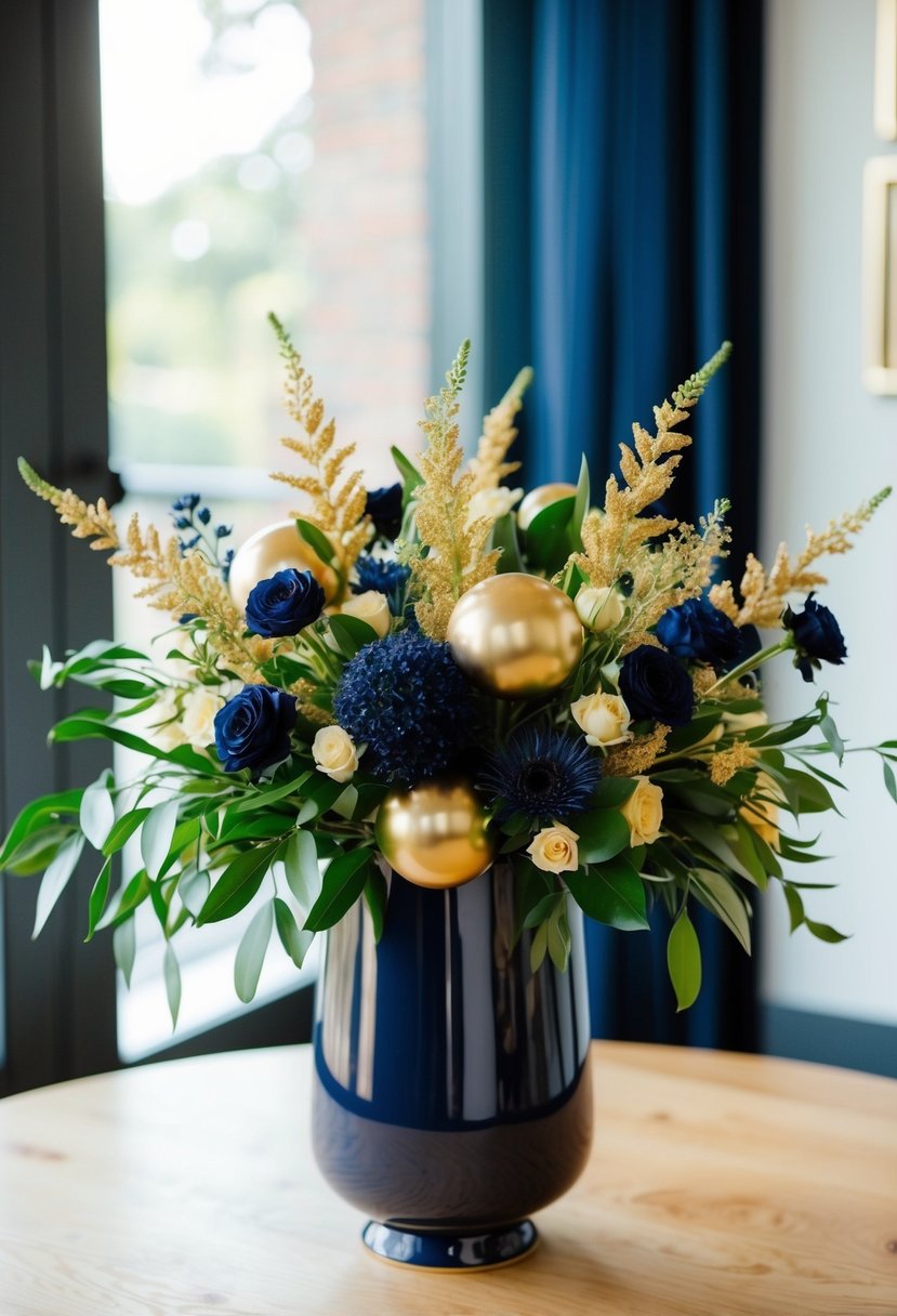 A gold and navy floral bouquet arranged in a sleek navy vase