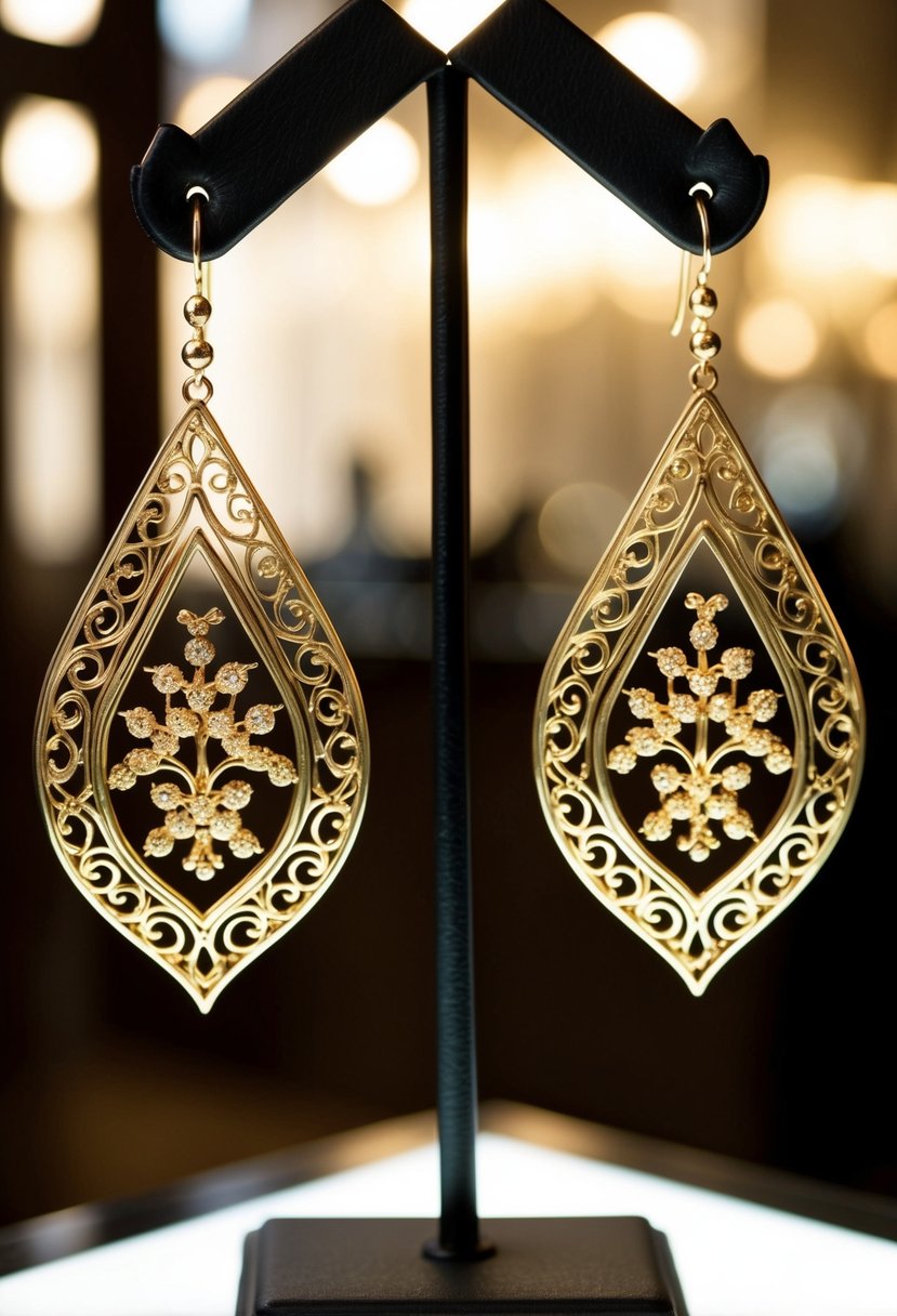 A pair of intricate gold filigree drop earrings suspended from a display stand, catching the light in a luxurious setting