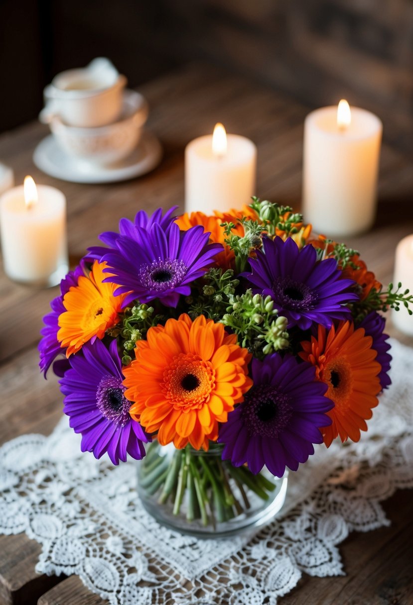 A vibrant purple and orange contrast bouquet sits on a rustic wooden table, surrounded by soft candlelight and delicate lace accents