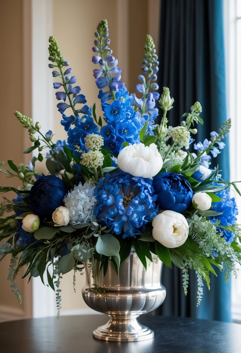 A lush bouquet of blue delphinium and navy peonies, accented with delicate greenery, cascades from a silver vase