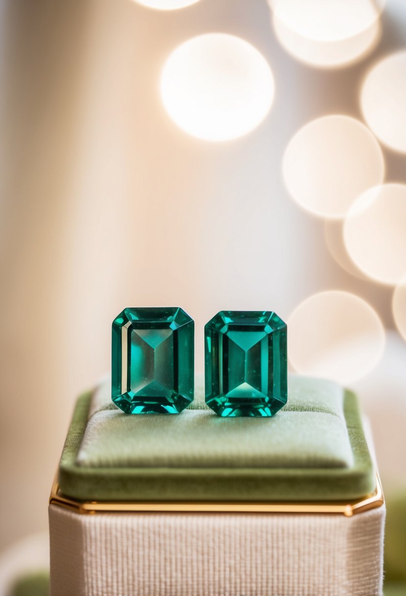 A close-up of emerald cut crystal earrings on a velvet display, catching the light with a soft, romantic background