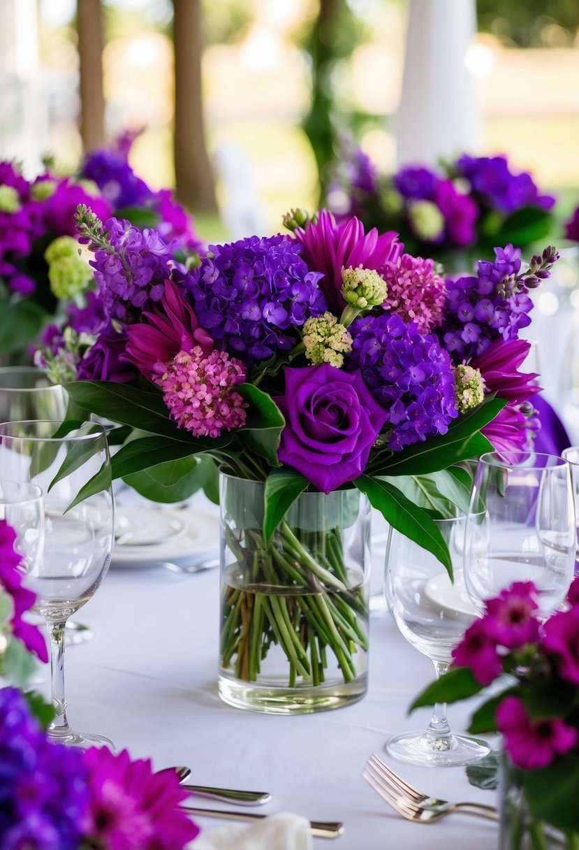 A table adorned with vibrant violet bouquets, ready for wedding decoration