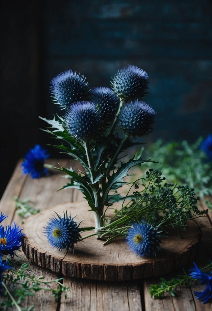 A navy blue thistle bunch sits atop a rustic wooden table, surrounded by delicate greenery and other deep blue flowers