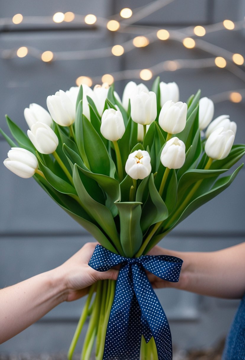 A hand-tied bouquet of white tulips with navy polka dot ribbon