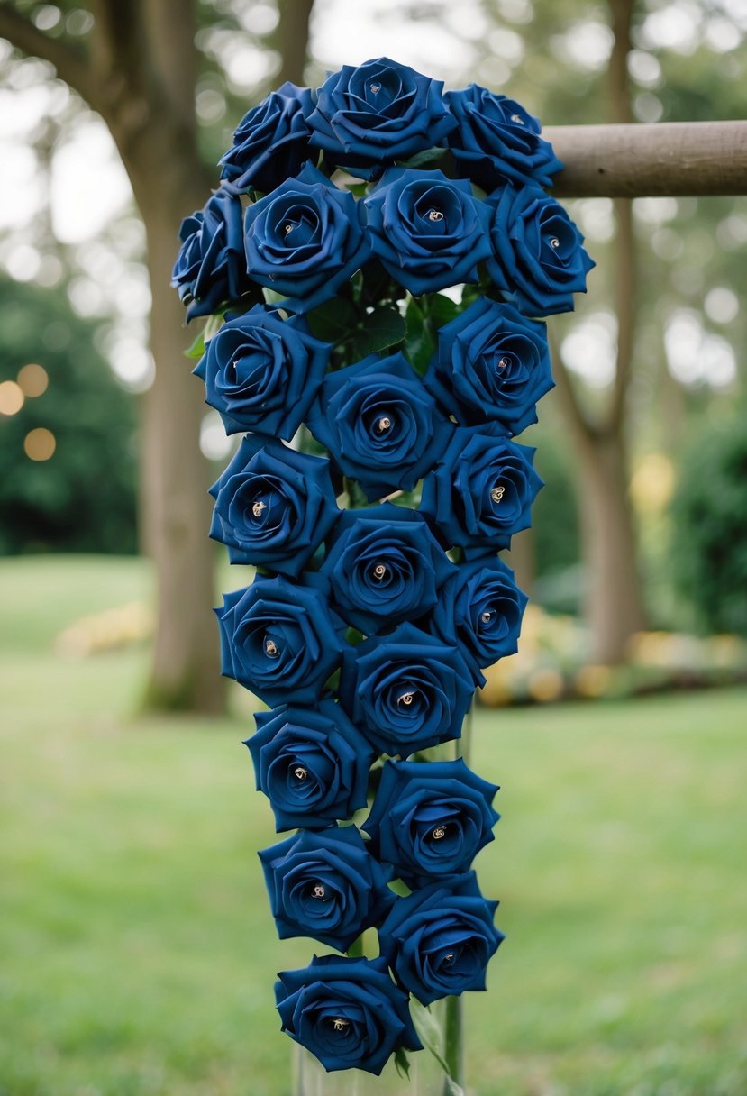 Foam navy rose stems arranged in a cascading wedding bouquet