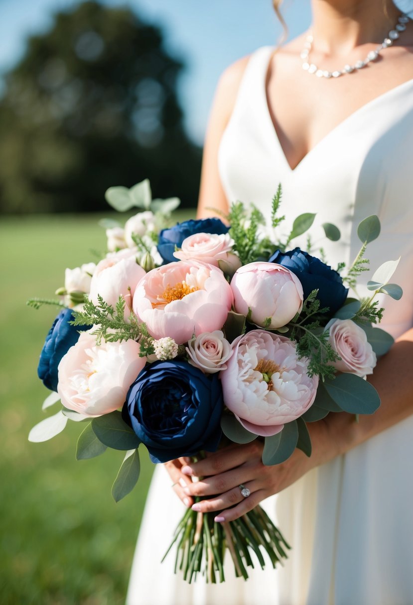 A navy and soft pink wedding bouquet with roses, peonies, and greenery