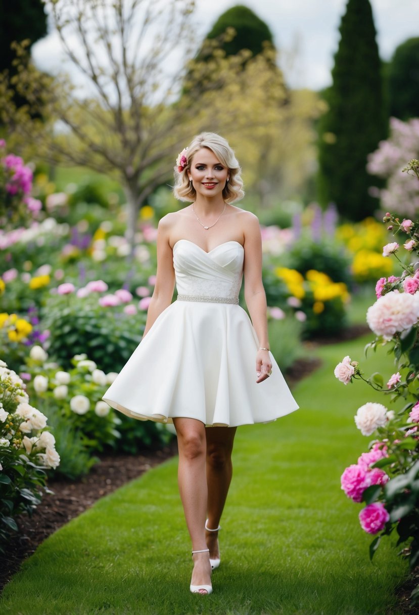 A bride in a 90s short wedding dress walks through a garden, surrounded by blooming flowers and trees