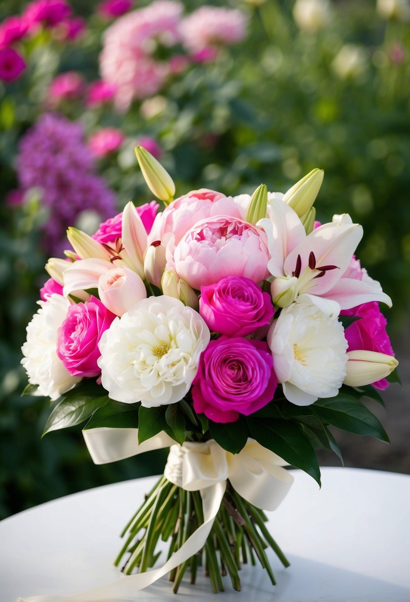 A lush bouquet of pink and white roses, peonies, and lilies, tied with satin ribbon