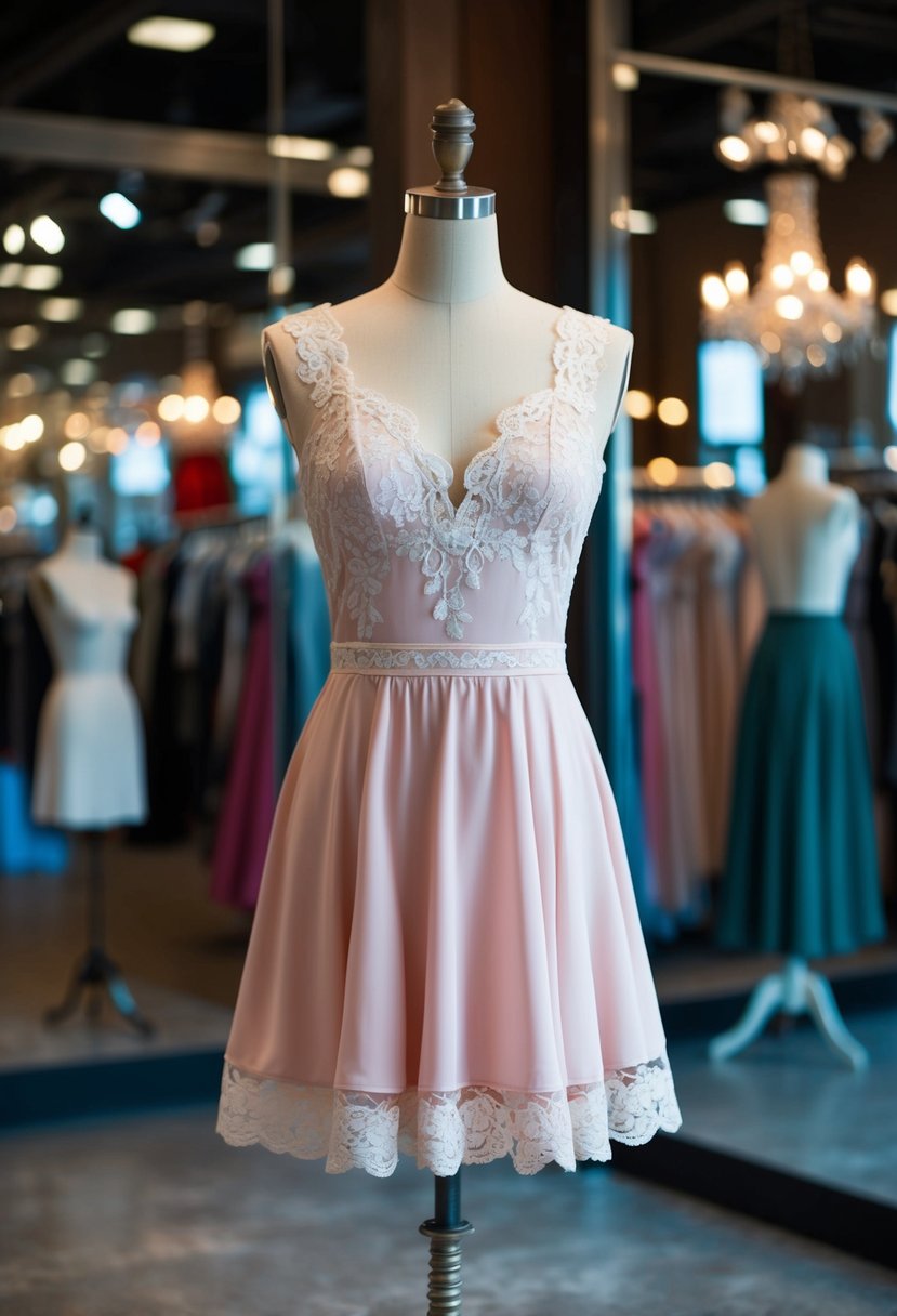 A mini dress with lace detailing displayed on a vintage mannequin