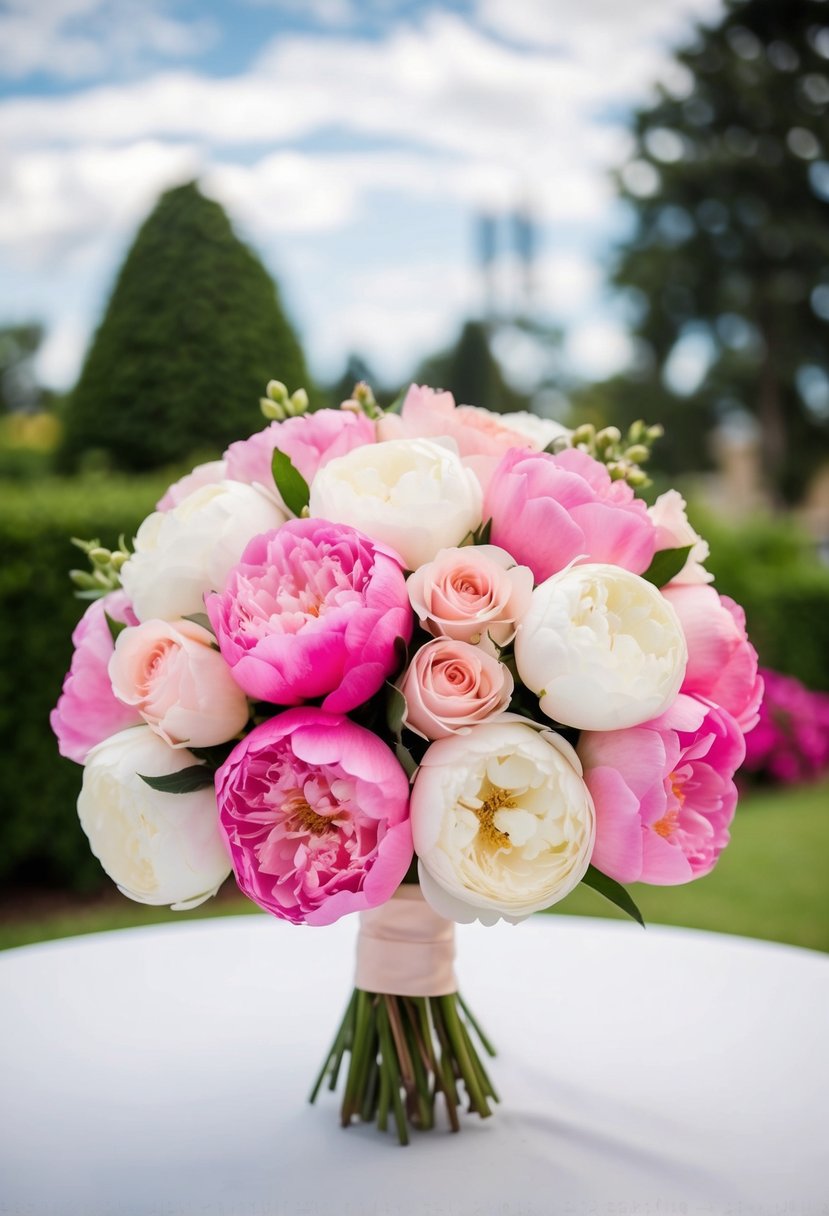 A bouquet of pink and white roses and peonies arranged in a classic wedding style