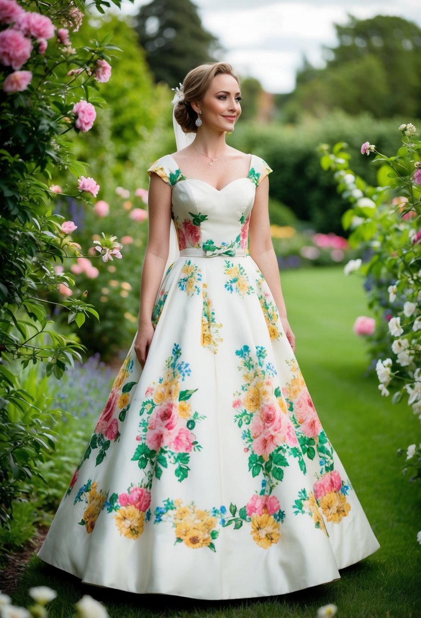 A bride stands in a garden, wearing a tea-length floral wedding gown from the 90s, surrounded by blooming flowers and greenery