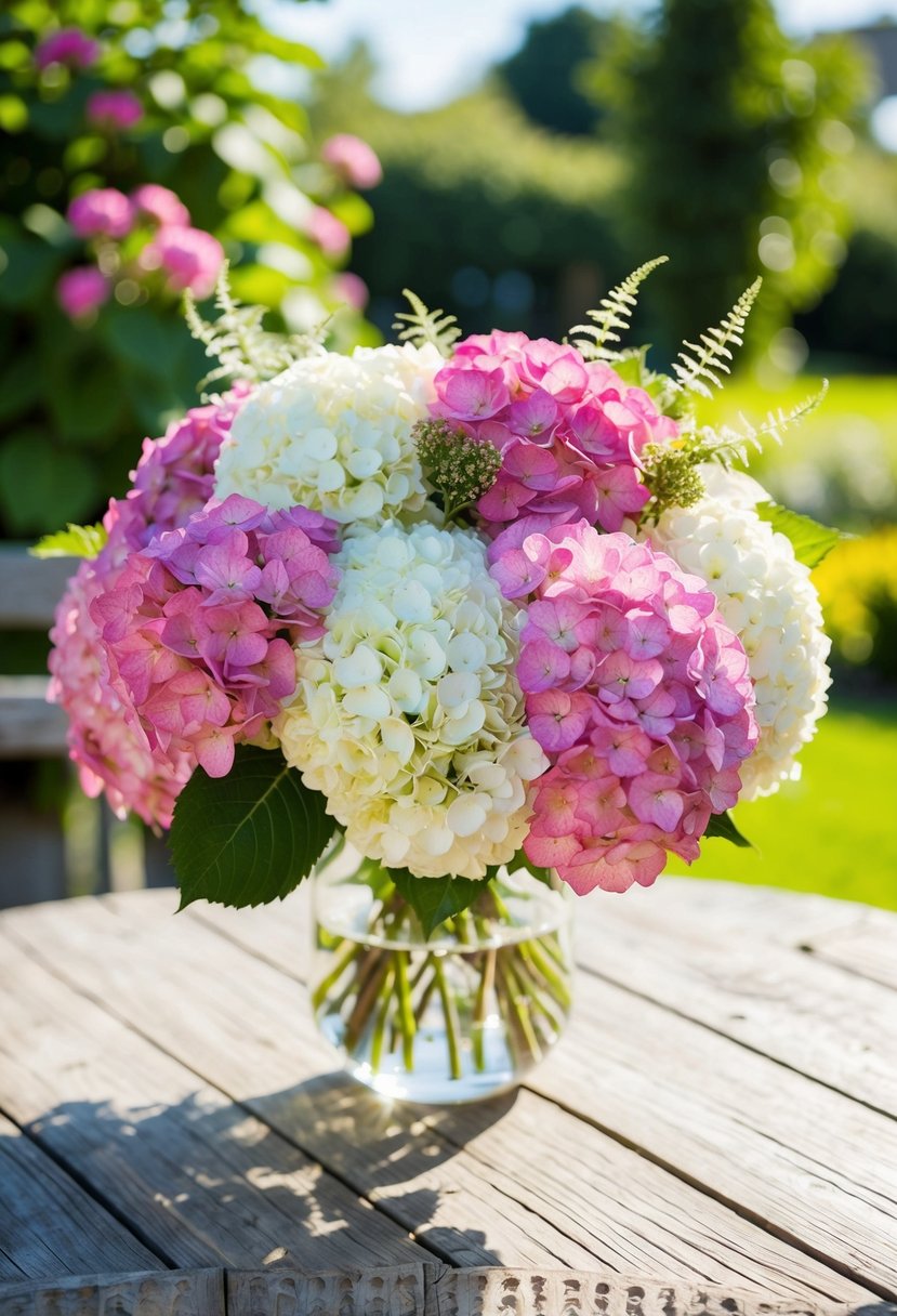 A lush bouquet of pink and white hydrangeas, accented with delicate greenery, sits on a rustic wooden table in a sun-drenched garden