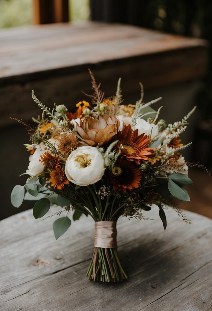 A vintage-inspired wedding bouquet with earthy tones and wildflowers