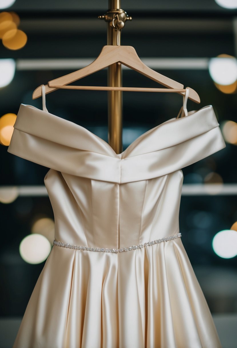 A 90s-style off-shoulder satin wedding gown on a hanger