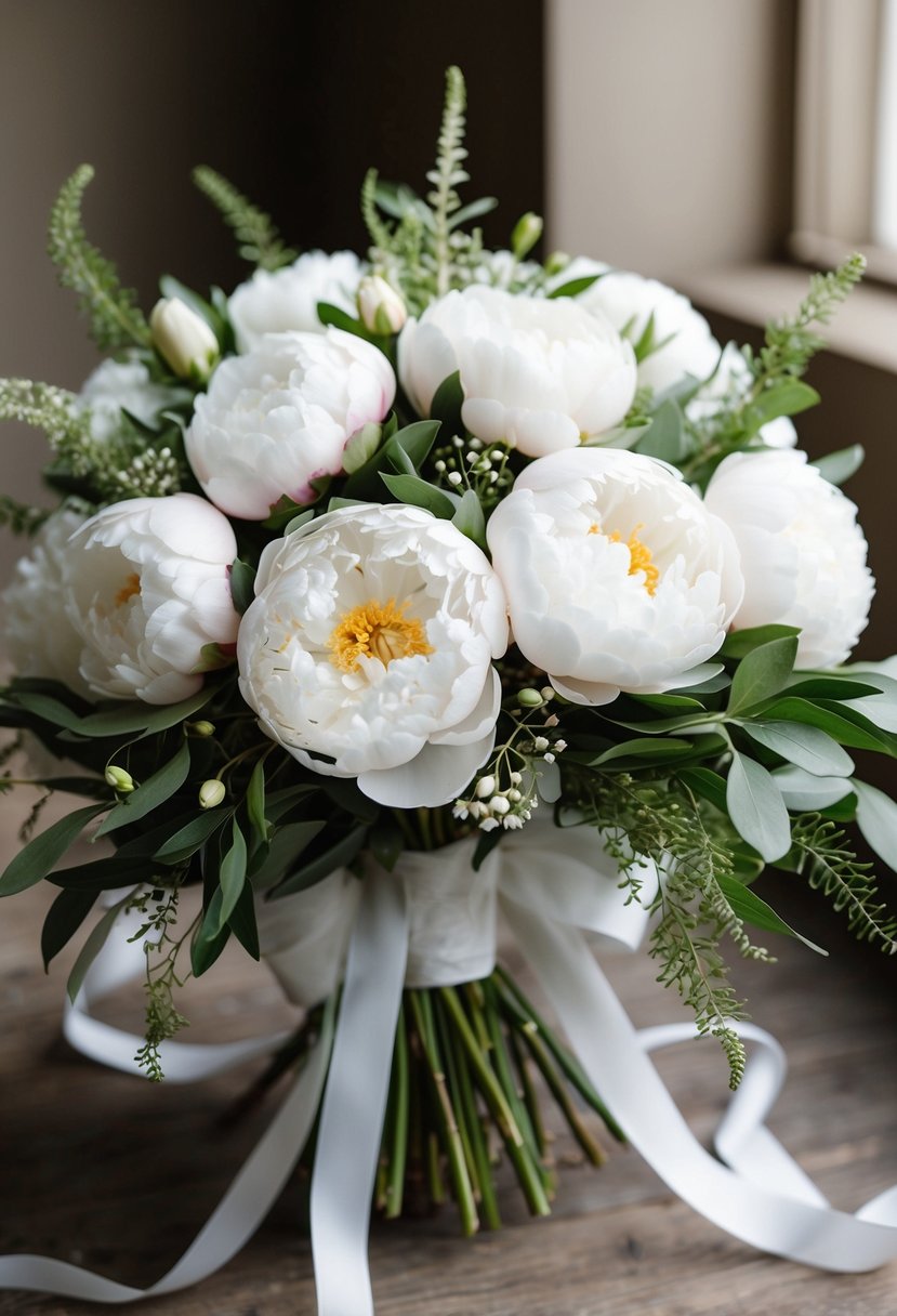 A vintage-inspired bouquet of white peonies arranged in a cascading style with delicate greenery and ribbon accents