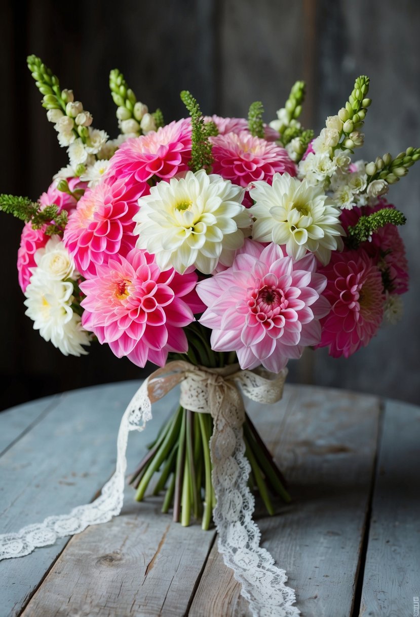 A vintage-style bouquet of pink and white dahlias and lisianthus, tied with lace ribbon, rests on a weathered wooden table