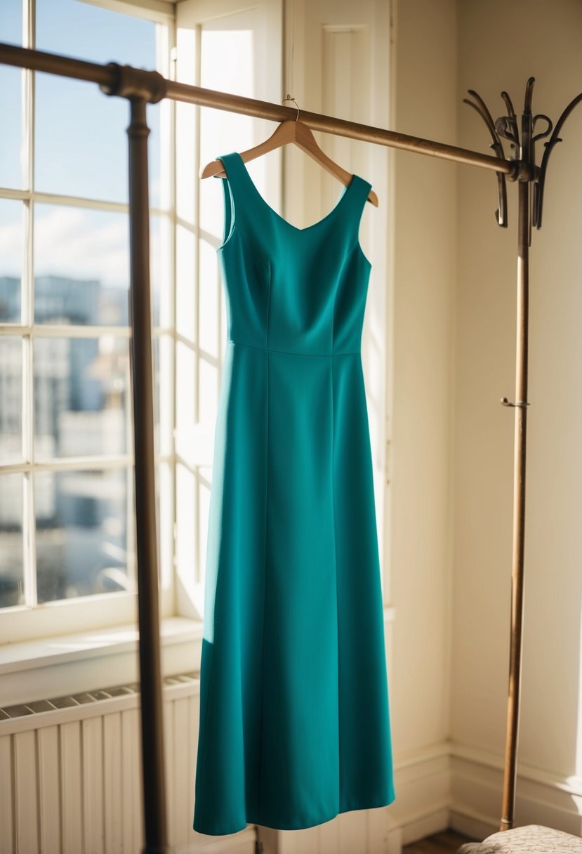 A simple, elegant sheath dress hangs on a vintage coat rack in a sunlit room