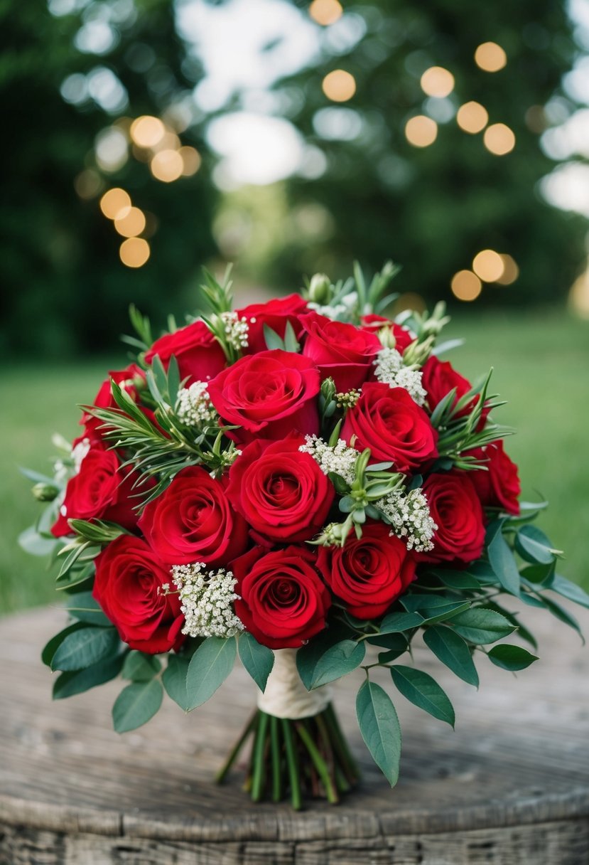 A vintage 70s wedding bouquet with red roses and greenery