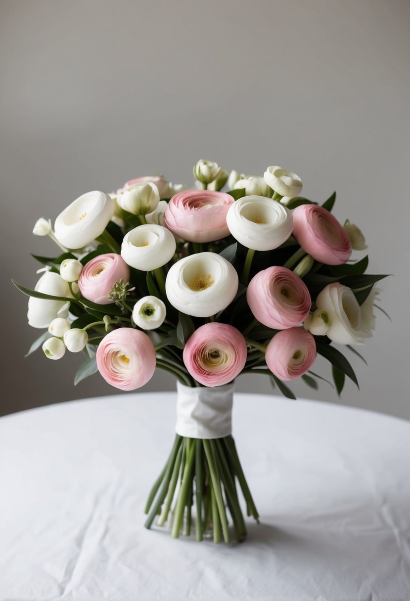 A modern, minimalist wedding bouquet featuring pink and white ranunculus arranged in a sleek, monochromatic design