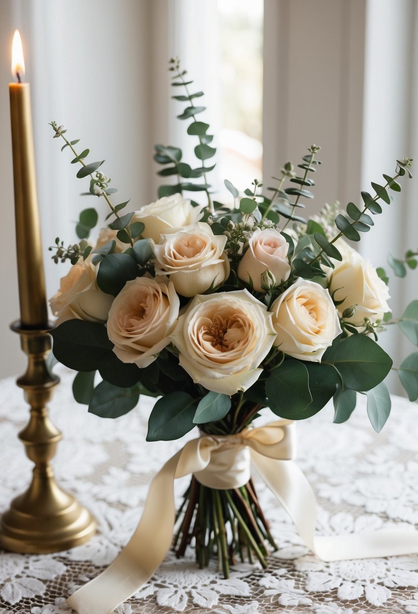 A vintage-inspired bouquet of garden roses and eucalyptus, tied with a satin ribbon, sits on a lace tablecloth next to a brass candlestick