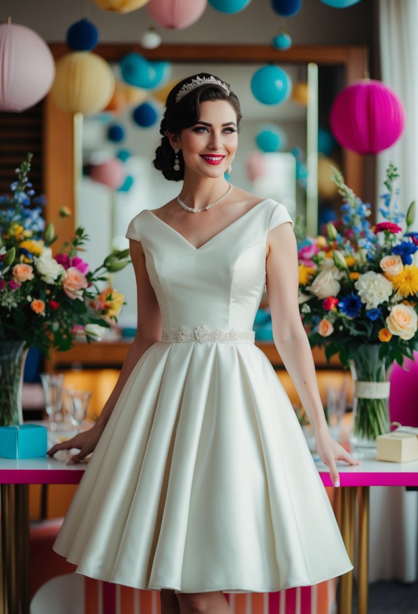 A bride in a vintage-inspired knee-length 90s-style wedding dress, surrounded by retro decor and floral arrangements