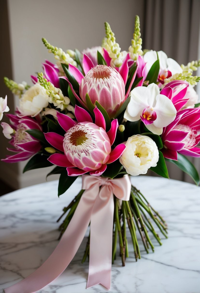 A lush bouquet of pink and white proteas and orchids, tied with a satin ribbon, rests on a marble tabletop