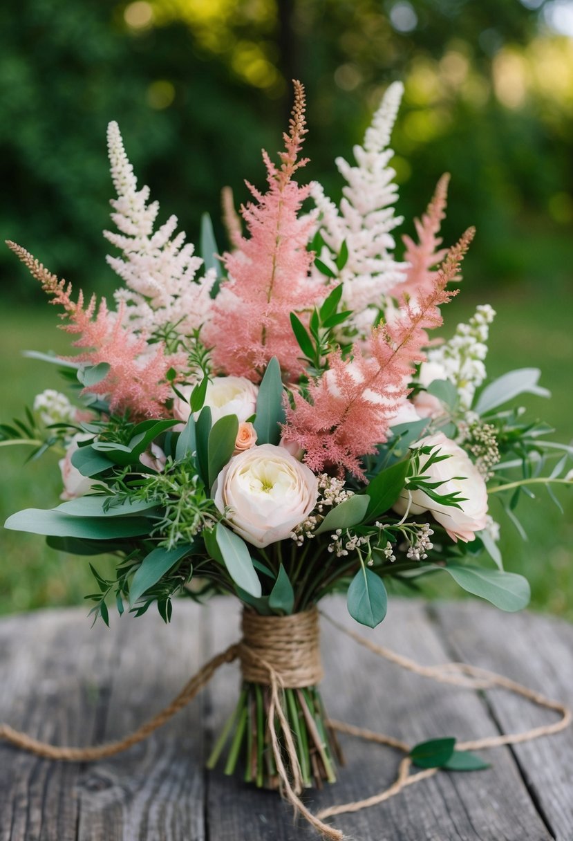 A rustic wedding bouquet with pink and white astilbe, greenery, and twine, arranged in a loose, natural style