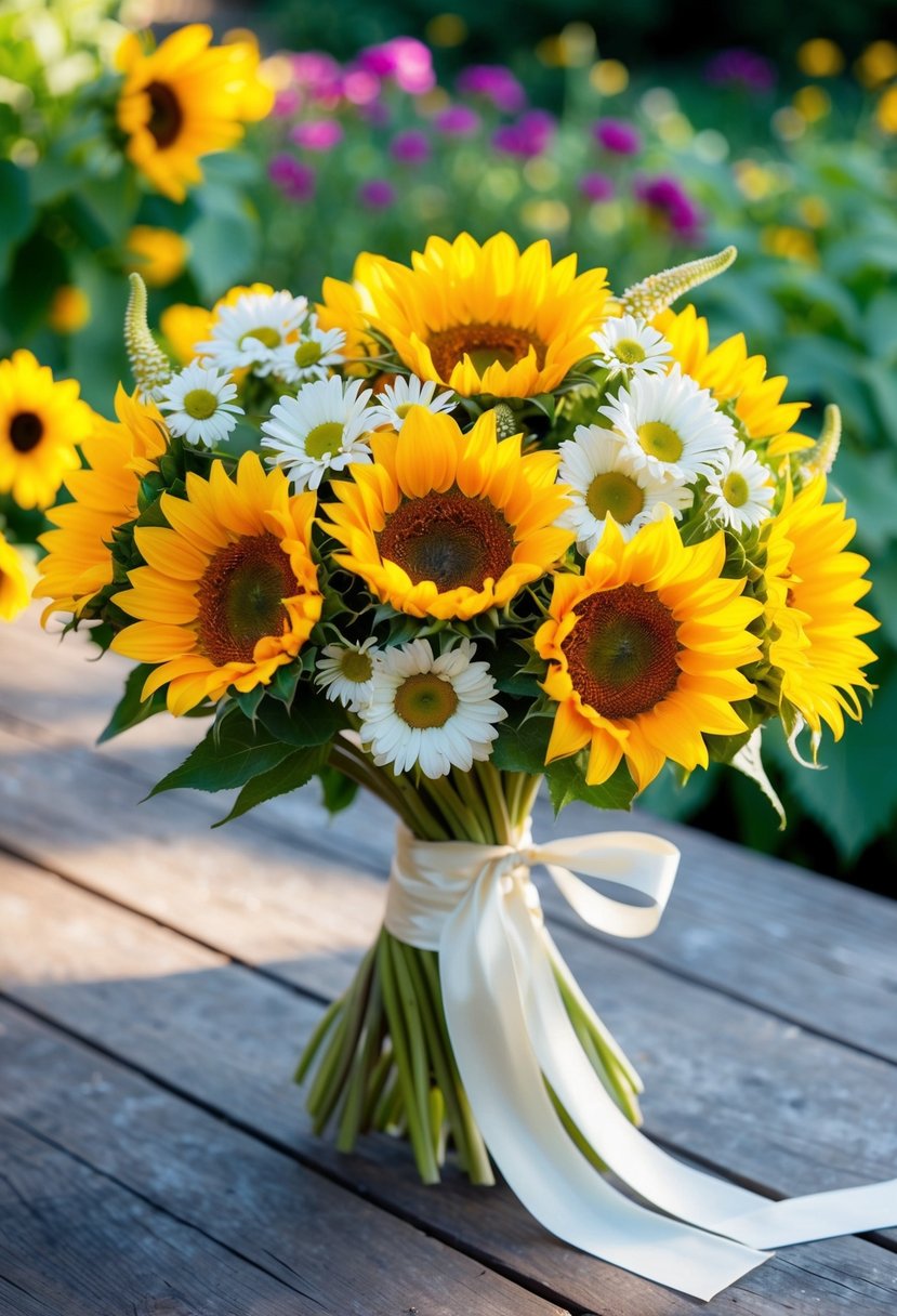 A vibrant bouquet of sunflowers and daisies, tied together with a flowing ribbon, sits on a rustic wooden table in a sunlit garden