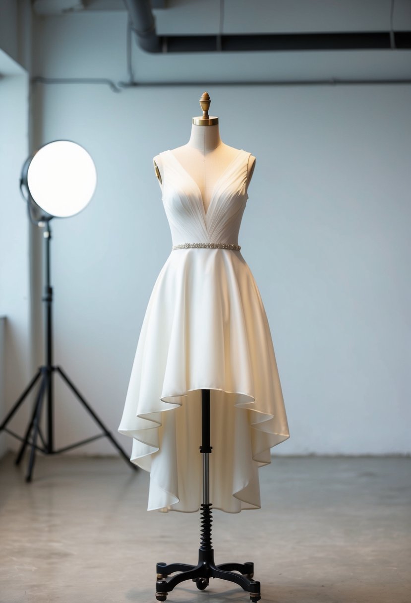 A modern high-low hem 90s short wedding dress displayed on a mannequin in a minimalist, industrial-style studio with natural lighting