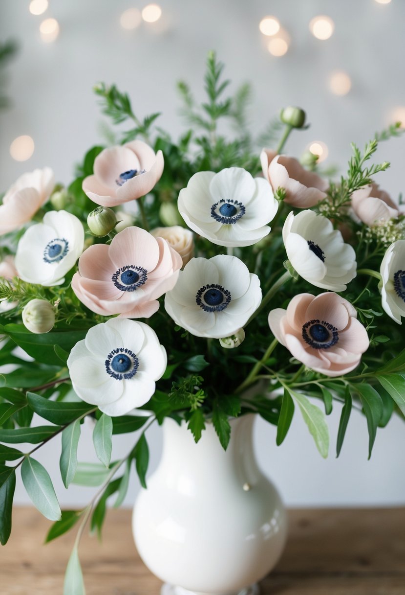 A delicate bouquet of soft blush and white anemones, accented with greenery, arranged in a white vase