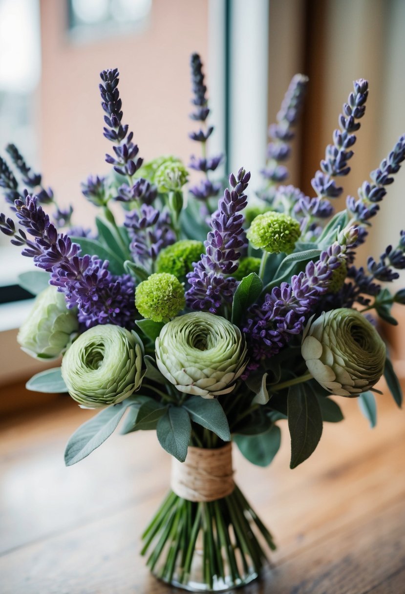 A bouquet of lavender and sage green flowers arranged in a vintage 70s style