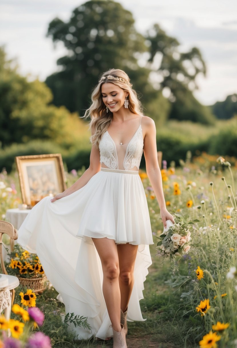 A bride twirls in a chic boho short wedding dress, surrounded by wildflowers and vintage decor