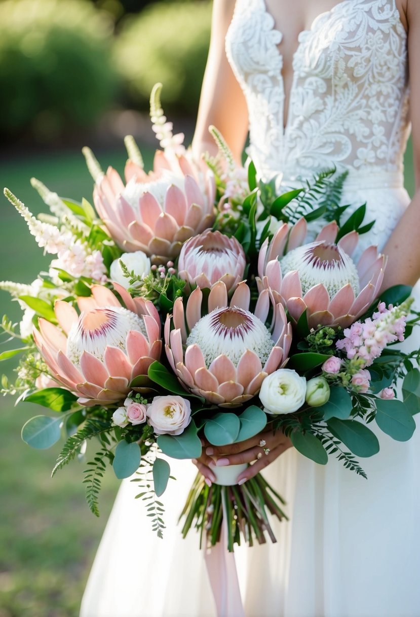 A chic bridal bouquet of pink and white proteas arranged in a cascading style, with delicate greenery and small filler flowers