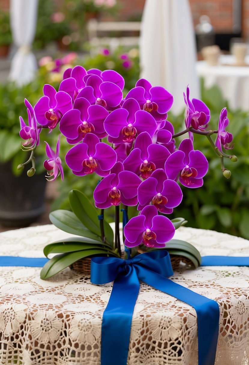 A vibrant cascade of colorful orchids, tied with a flowing ribbon, sits atop a vintage lace tablecloth