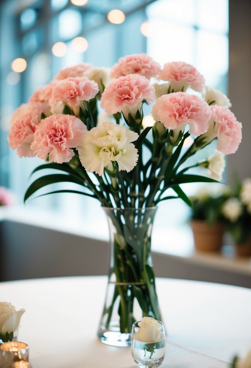 A vase of delicate pink carnations arranged with white flowers for a wedding bouquet