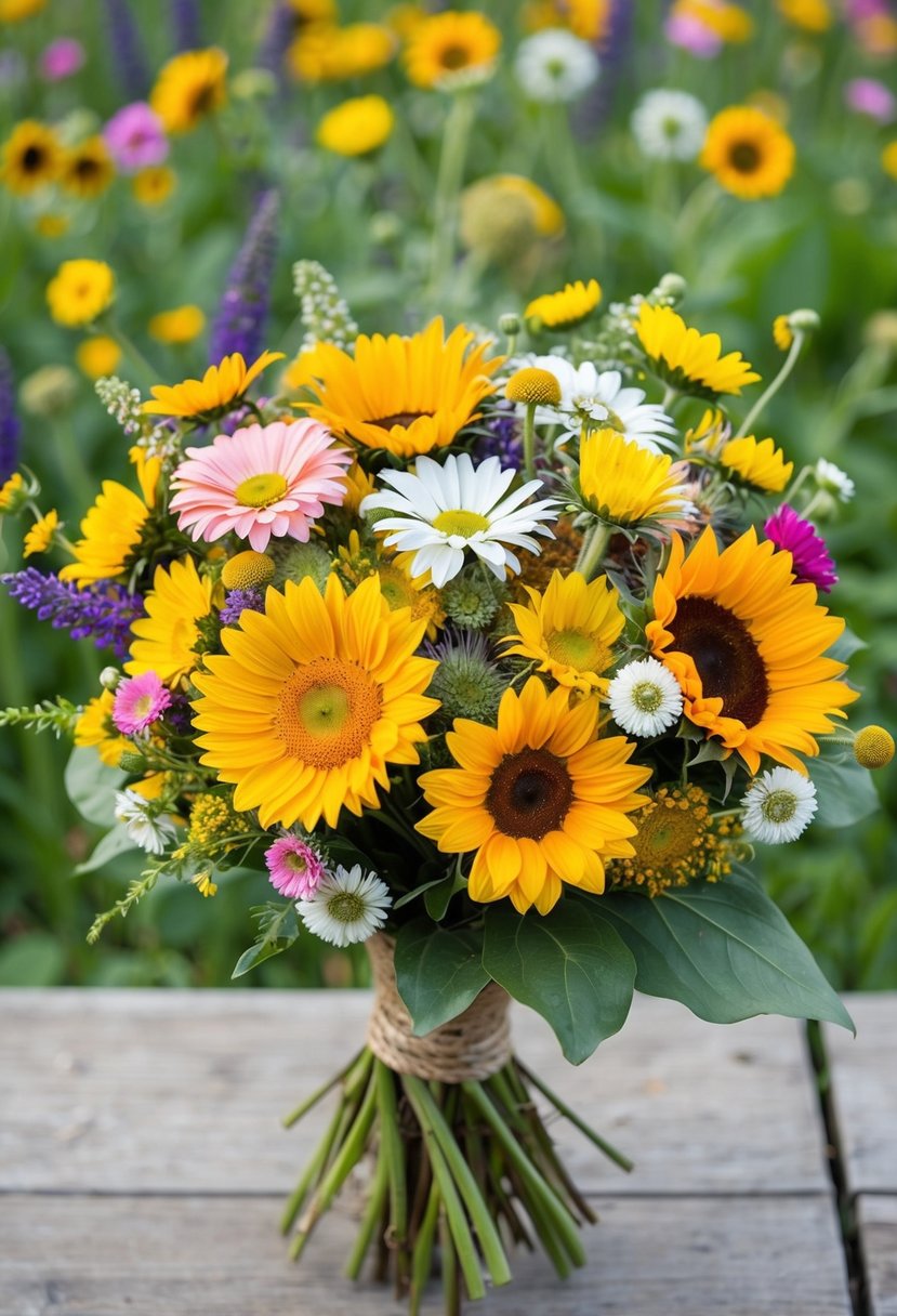 A colorful assortment of wildflowers, including daisies, sunflowers, and dandelions, arranged in a loose, bohemian style bouquet