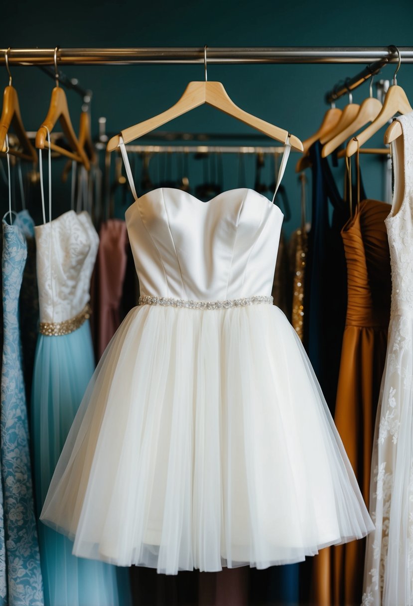 A strapless tulle mini dress displayed on a vintage clothing rack, surrounded by other 90s-inspired short wedding dress options