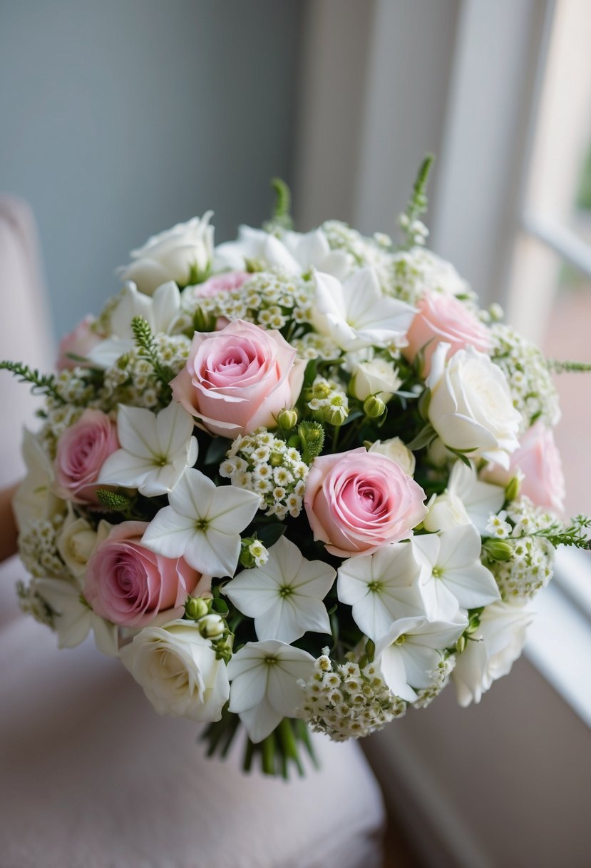 A delicate bouquet of white starflowers and pink and white roses arranged in a rounded, elegant shape