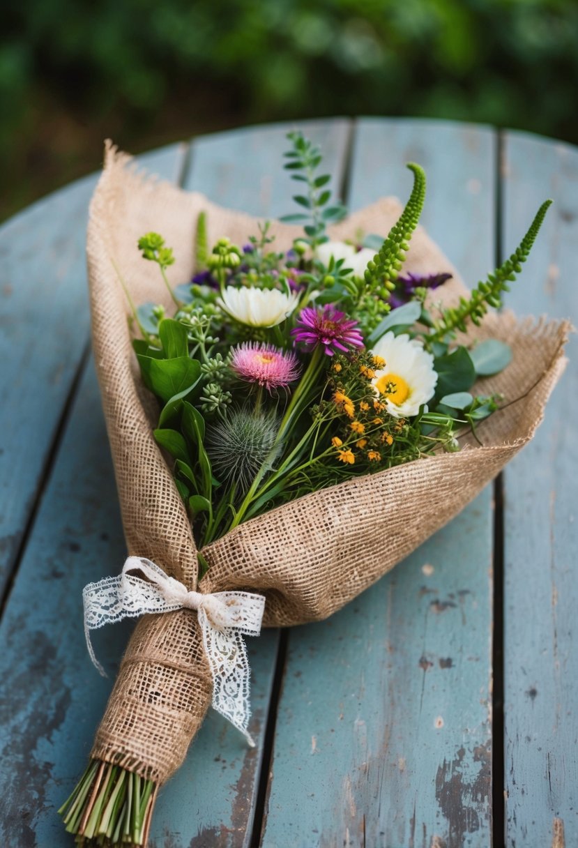 A rustic bouquet of wildflowers and greenery wrapped in burlap, tied with a lace ribbon, sitting on a weathered wooden table